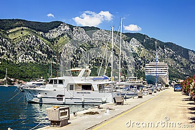 Navy Pier with yachts and cruise liners in the town of Kotor Stock Photo