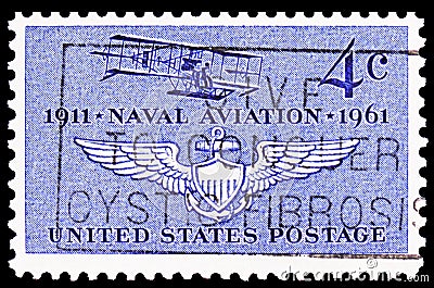 Navy`s First Plane Curtiss A-1 of 1911 and Naval Air Wings, Naval Aviation, 50th Anniversary Issue serie, circa 1961 Editorial Stock Photo