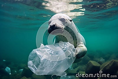 Navy seal with plastic garbage. Ocean plastic pollution. Ecological catatsrophe Stock Photo