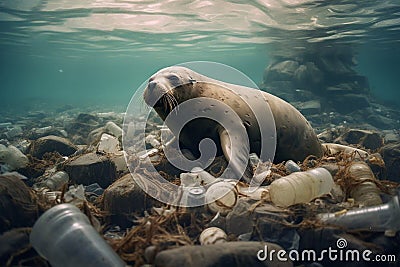 Navy seal with plastic garbage. Ocean plastic pollution. Ecological catatsrophe Stock Photo