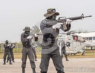 Navy Seal Team performing combat training in Military Parade of Royal Thai Navy Editorial Stock Photo