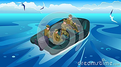 Navy seals on a mission on at sea. Soldiers on Military boat. Illustration isometric icons on isolated background Vector Illustration