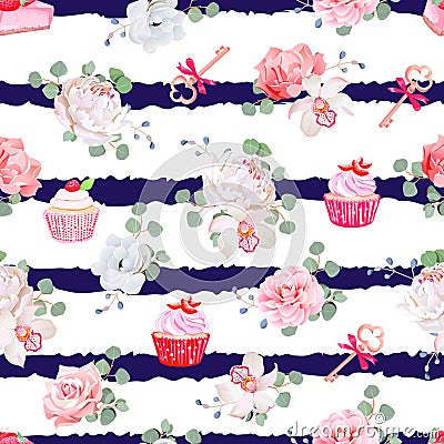 Navy striped seamless vector pattern with fresh pastries, bouquets of flowers and keys with red bows. Vector Illustration