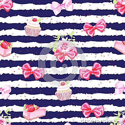 Navy striped seamless vector pattern with fresh pastries and bow Vector Illustration