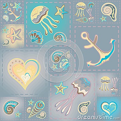 Navy vector seamless pattern. Waves, crab, wheel, anchor, star, heart. Vector Illustration