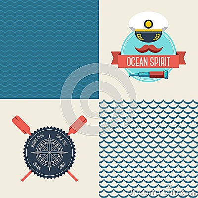 Navy vector seamless patterns set, scallop and Vector Illustration