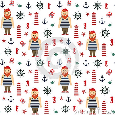 Navy vector seamless sea pattern: bearded sailor, lighthouse, anchor, seahorse. Vector Illustration