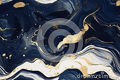 Navy, white and gold marble swirls. Generative AI. Stock Photo