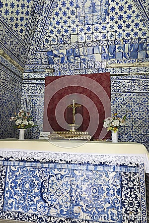 Nazare, Portugal, June 13, 2018: Tiles decorating the interior vaults of the Memoria Hermitage located on the hilltop O Sitio Stock Photo