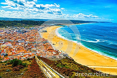 Nazare, Portugal: Panorama of the Nazare town and Atlantic Ocean seen from viewpoint on Nazare Sitio hill Stock Photo