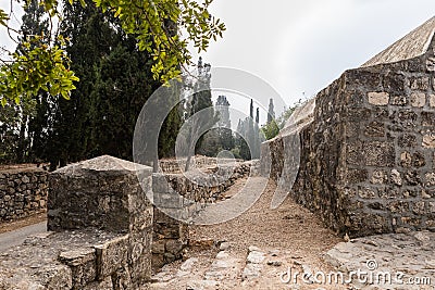 Old abandoned buildings in the territory of the Christian Transfiguration Church located on Mount Tavor near Nazareth in Israel Editorial Stock Photo