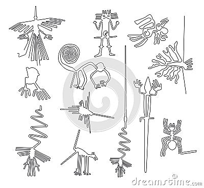 Nazca lines creatures from Nazca desert in Peru Vector Illustration