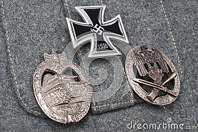 nazi german awards - Iron Cross, General Assault Badge, General Tank Assault Badge on uniform Editorial Stock Photo