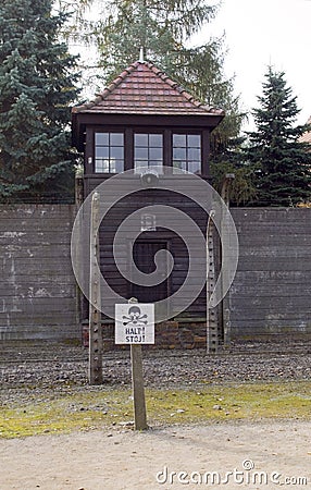 Nazi guard tower house by barracks Auschwitz German Nazi concentration camp Aushwitz-Birkenau Museum Poland Editorial Stock Photo