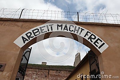 Nazi motto Arbeit Macht Frei in Terezin. Editorial Stock Photo