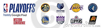 2023 NBA playoffs. Western Conference. Denver Nuggets, Memphis Grizzlies, Sacramento Kings, Phoenix Suns, Los Angeles Clippers, Vector Illustration