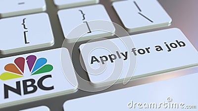 NBC company logo and Apply for a job text on the keys of the computer keyboard, editorial conceptual 3D rendering Editorial Stock Photo
