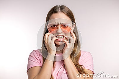 Nbeautiful female student shows fussiness befor difficult exams Stock Photo