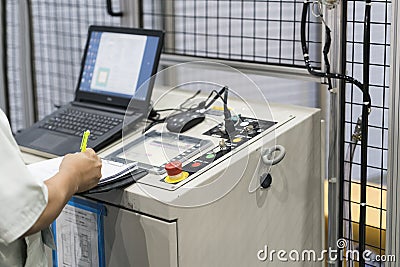 NC Machine control panel closup, automatic robot input program a Stock Photo