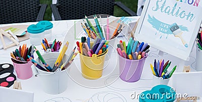 Nchildren`s drawing school, children`s creativity with brushes and felt-tip pens close-up. Stock Photo