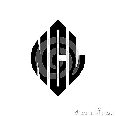 NCL circle letter logo design with circle and ellipse shape. NCL ellipse letters with typographic style. The three initials form a Vector Illustration