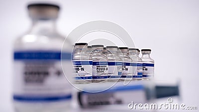 2019-ncov Covid-19 Corona Virus drug vaccine vials medicine bottles syringe injection. SARS-CoV-2 Vaccination, immunization, Stock Photo