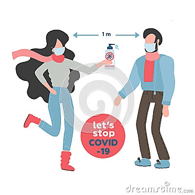 2019-nCoV covid-19 virus protection. Coronovirus alert. Man and woman at distance of 1 meter with bottle of sanitizer in hands. Cartoon Illustration