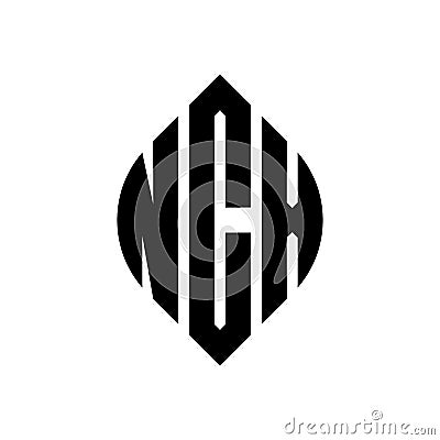NCX circle letter logo design with circle and ellipse shape. NCX ellipse letters with typographic style. The three initials form a Vector Illustration