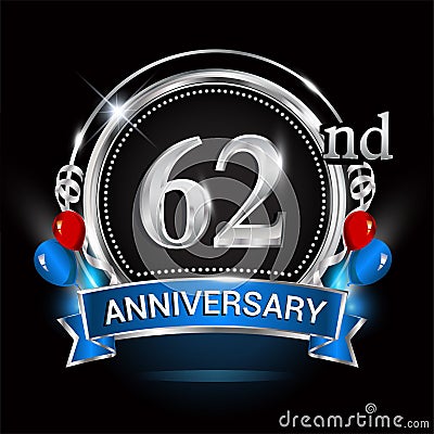 62nd anniversary logo with silver ring, balloons and blue ribbon. Vector design template elements for your birthday celebration Stock Photo