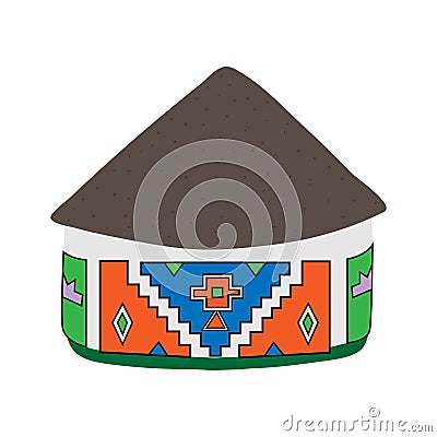 Ndebele African house with grey thatched roof isolated on white background. Bright colored decorated clay walls Vector Illustration