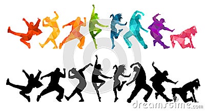 Detailed illustration silhouettes of expressive dance people dancing. Jazz funk, hip-hop, house dance lettering. Dancer. Cartoon Illustration