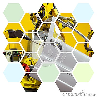 Ndustry robot arm spot welding car door in hexagon shape Stock Photo