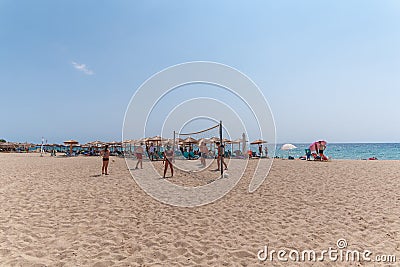 Nea Skioni Beach, Kassandra, Chalkidiki, Central Macedonia, Greece. Sand volleyball court Editorial Stock Photo