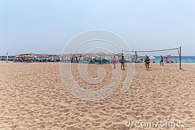 Nea Skioni Beach, Kassandra, Chalkidiki, Central Macedonia, Greece. Sand volleyball court Editorial Stock Photo