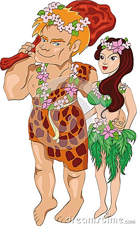 The neanderthal man with wife Vector Illustration