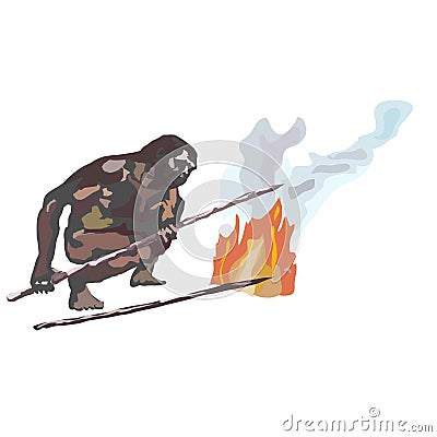 Neanderthals, cavemen, sitting on stones by the, smoking fire, holding spears in their hands. Stock Photo