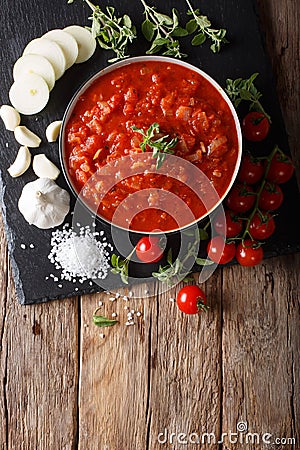 Neapolitan fresh pizzaiola sauce made with tomatoes, oregano, on Stock Photo