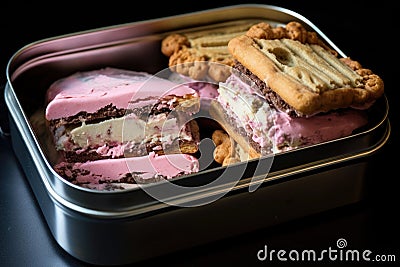 neapolitan ice cream sandwich in an open metal lunchbox Stock Photo