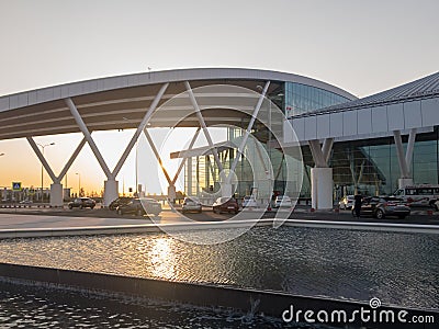 Near the entrance to the modern comfortable airport named Platov are cars waiting for passengers Editorial Stock Photo