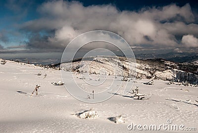 Near Magurka Wislanska hill in winter Beskid Slaski mountains in Poland Stock Photo