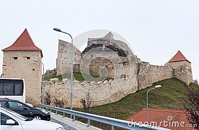 Fragment of the fortress wall of the Rupea Citadel built in the 14th century on the road between Sighisoara and Brasov in Romania Editorial Stock Photo