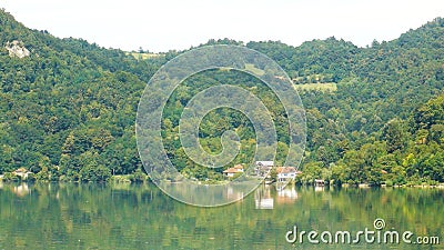 Near Zvornik, Drina river with mountains and trees and blue sky in one summer day. Panoramic view, landscape, boat Stock Photo