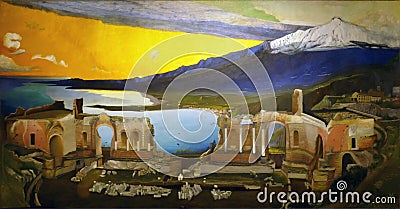 Photo of the original painting by Tivadar CsontvÃ¡ry Kosztka: `Ruins of Greek Theatre at Taormina`. Frameless. Editorial Stock Photo