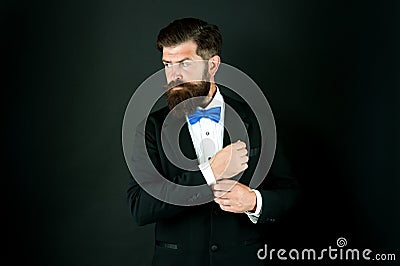 Neat and tidy. Stylist fashion expert. Suit style. Fashion trends for groom. Groom bearded hipster man wear tuxedo and Stock Photo