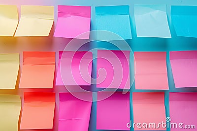 Neatly arranged blank post it notes on wall create visually pleasing grid pattern Stock Photo