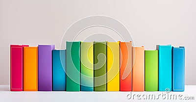 Neatly arranged books in a vibrant rainbow spectrum on a clean white shelf Stock Photo