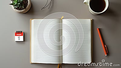 A neatly arranged workspace features an open lined notebook, a small calendar displaying January 1st, a cup of coffee, and a red Stock Photo