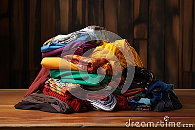 neatly folded colorful clothes on wooden table Stock Photo