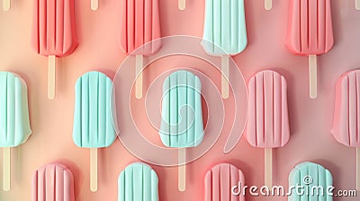 A neatly ordered array of pastel popsicles creates a pleasing pattern against a soft-hued, minimalist backdrop Stock Photo