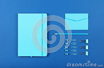 Neatly organized stationery flat lay of blue Stock Photo